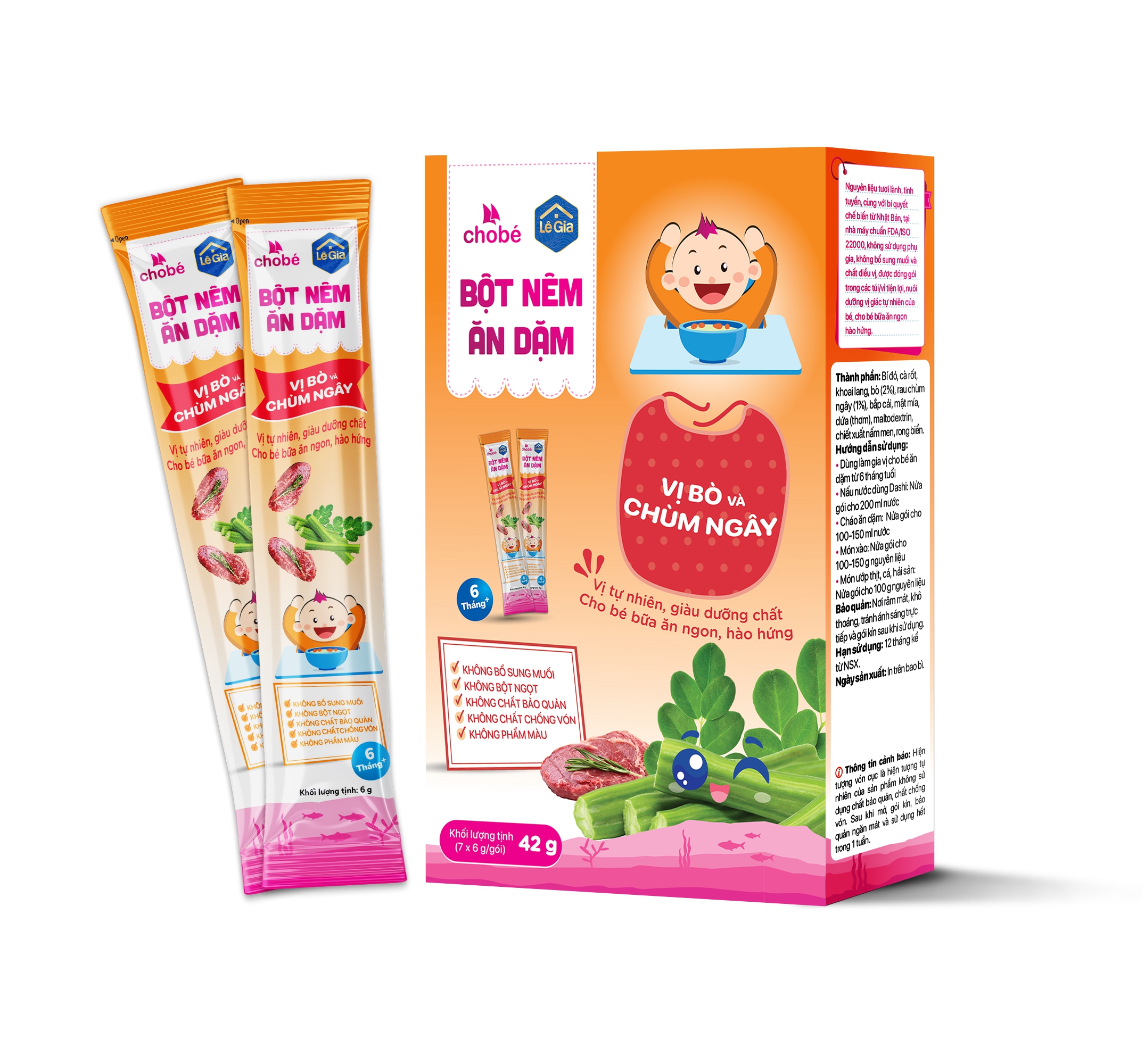 Bột Nêm Ăn Dặm Vị Bò và Chùm Ngây 42g 6M+Lê Gia (Thùng 30 hộp)