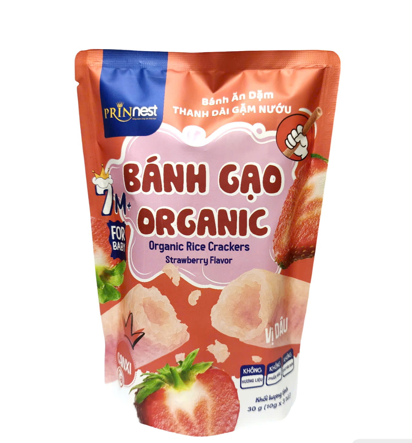 PRINNEST Bánh Gạo Organic Que Dài Gặm Nướu Vị Dâu Tây 30g 7+